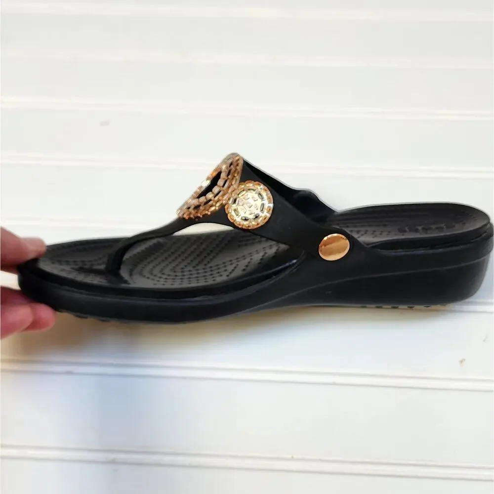 Crocs Women's Sanrah Diamante Wedge Flip Sandals Size 8 Black - Picture 6 of 10